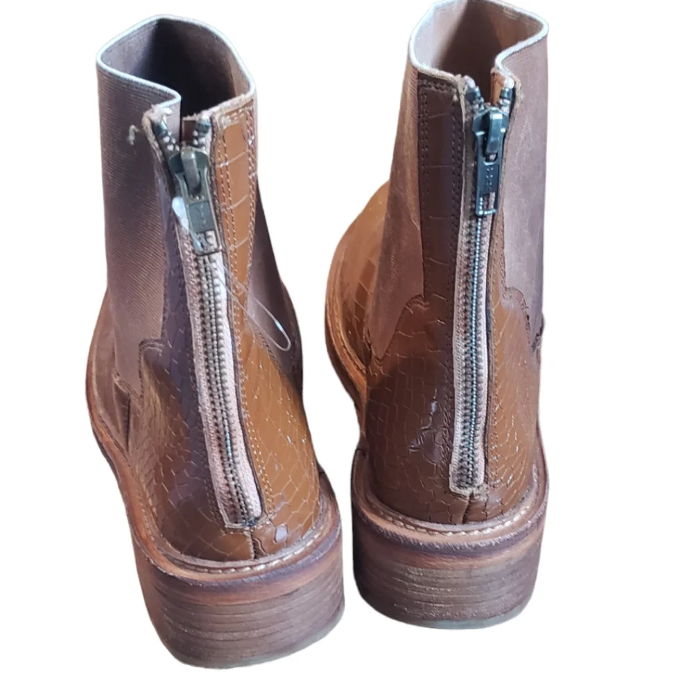 Free People Brown Croc-Embossed Leather Ankle Boots